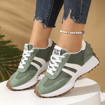 Women Stripe Lace-up Thick Bottom Casual Sneakers white pu upper material.