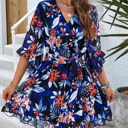 Women Summer Floral Print Lace Up V-Neck Dress Flattering V-Neck Style