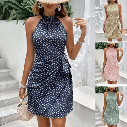 Women Summer Halterneck Floral Tied Waist Dress Elegant Floral Design