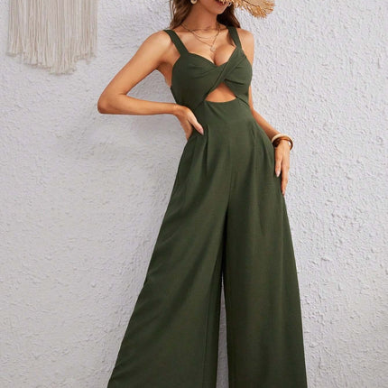 Women Summer Loose Overall Spaghetti Strap Jumpsuit in olive green with wide legs and crisscross detail