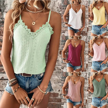 Women V Neck Lace Sling Vest Top Slim Fit Camisole in various colors displayed on models against a brick background.