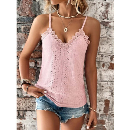 Women V Neck Lace Sling Vest Top Slim Fit Camisole in pink, featuring lace trim and styled with denim shorts.