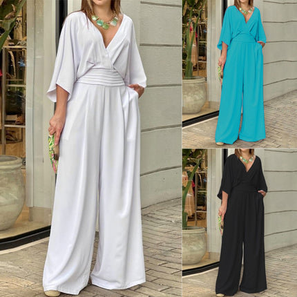 Women V-neck Short-Sleeved Street Casual Jumpsuit size S waist 68 hips 120.