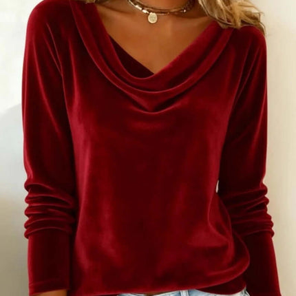 Women Velvet Long Sleeve Shirt irregular collar neckline.