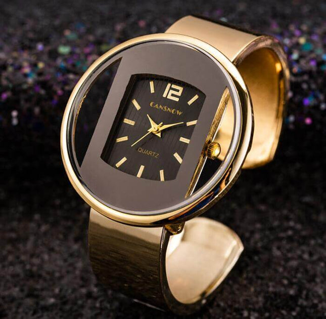 Women Watches Luxury Brand Quartz Dial Dress Bracelet with elegant gold finish and sleek black dial design.