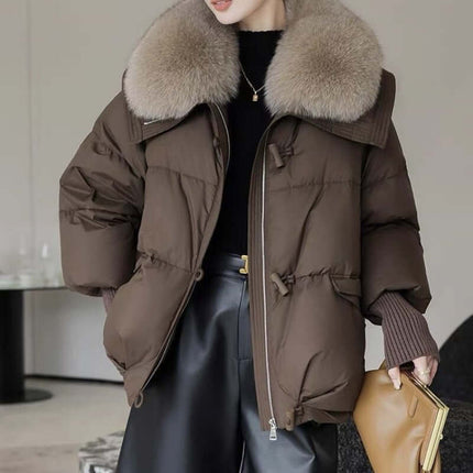 Women Winter Short Fur Collar Padded Jacket brown color