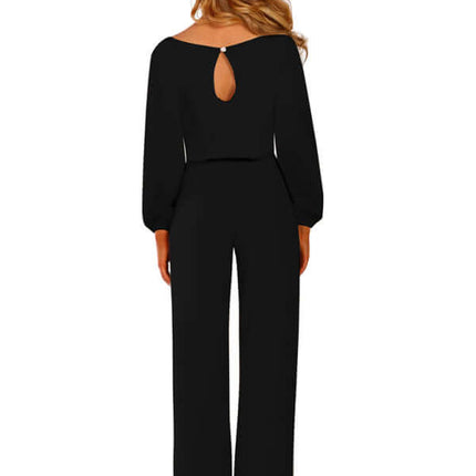 Women Woven Elegant Long Sleeve Waist Jumpsuit high waist detail