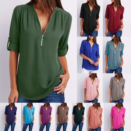 Women Zip V-Neck Casual Loose Shirt Top Stylish Everyday Wear