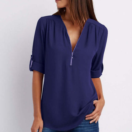 Women Zip V-Neck Casual Loose Shirt Top Comfortable Relaxed Fit