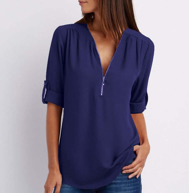 Women Zip V-Neck Casual Loose Shirt Top Comfortable Relaxed Fit
