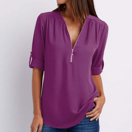 Women Zip V-Neck Casual Loose Shirt Top Casual Office Wear