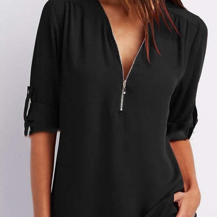 Women Zip V-Neck Casual Loose Shirt Top Modern Women's Fashion