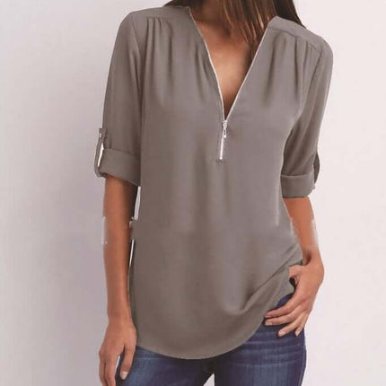 Women Zip V-Neck Casual Loose Shirt Top Comfortable All Day Wear