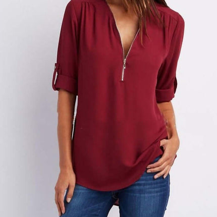Women Zip V-Neck Casual Loose Shirt Top Elegant V-Neck Design