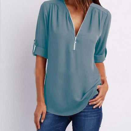 Women Zip V-Neck Casual Loose Shirt Top Modern Casual Fashion