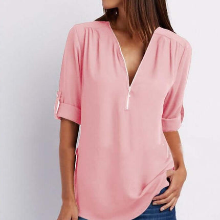 Women Zip V-Neck Casual Loose Shirt Top Lightweight Breathable Fabric