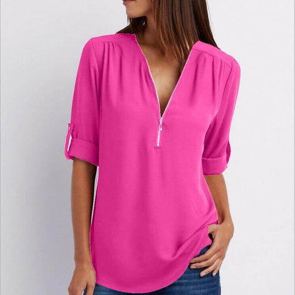 Women Zip V-Neck Casual Loose Shirt Top Chic Loose Fit Style