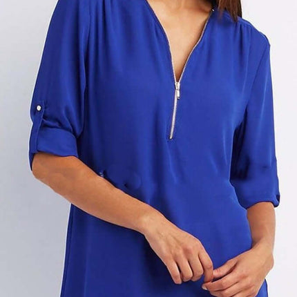Women Zip V-Neck Casual Loose Shirt Top Fashionable Daily Outfit