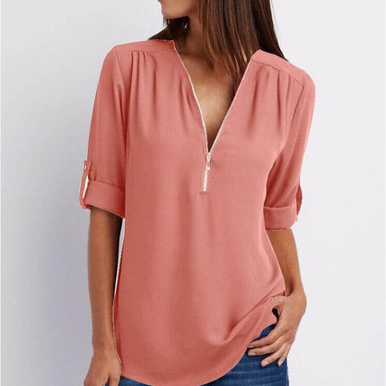 Women Zip V-Neck Casual Loose Shirt Top Soft Comfortable Material