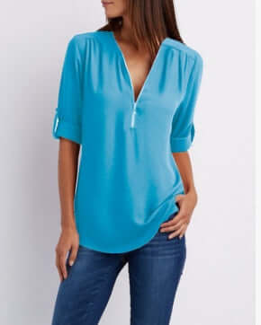 Women Zip V-Neck Casual Loose Shirt Top Versatile Wardrobe Essential