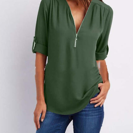 Women Zip V-Neck Casual Loose Shirt Top Stylish Zip Front Detail