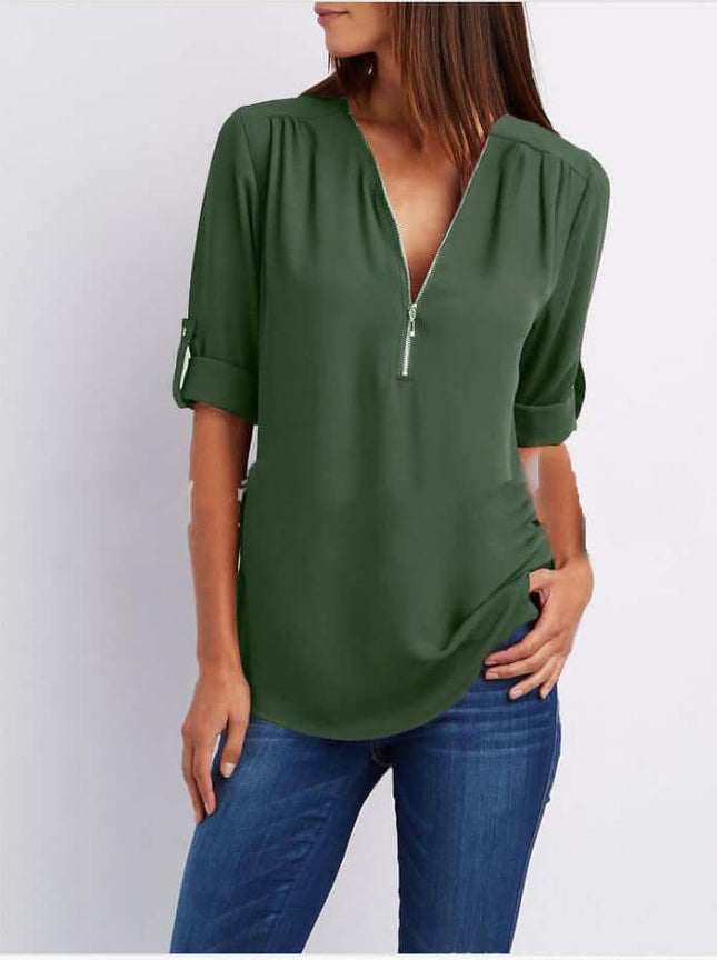 Women Zip V-Neck Casual Loose Shirt Top Stylish Zip Front Detail