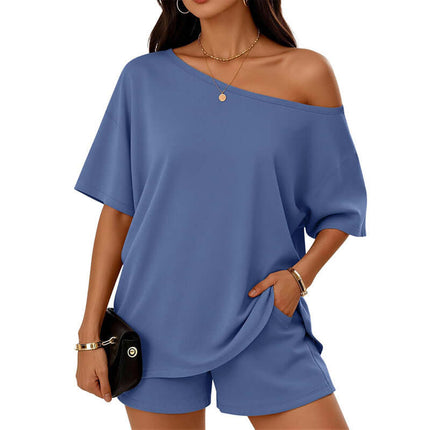 Womens 2 Piece Slant Neck Top and Shorts Casual Set in blue, featuring an off-shoulder top and matching shorts.
