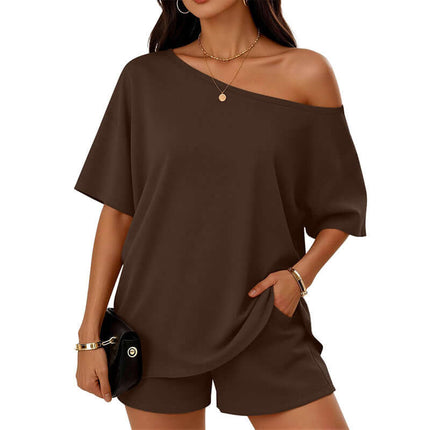 Womens 2 Piece Slant Neck Top and Shorts Casual Set in brown, featuring an off-shoulder top and matching shorts.