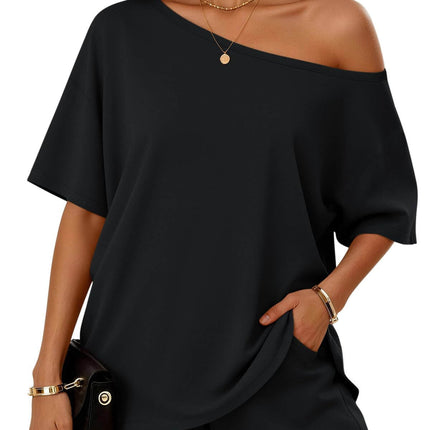 Womens 2 Piece Slant Neck Top and Shorts Casual Set in black, featuring a relaxed fit and stylish slant neck design.