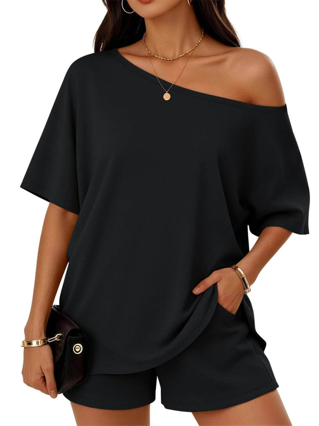 Womens 2 Piece Slant Neck Top and Shorts Casual Set in black, featuring a relaxed fit and stylish slant neck design.