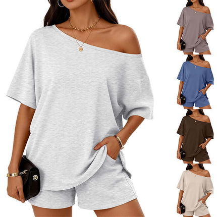 Womens 2 Piece Slant Neck Top and Shorts Casual Set in multiple colors, featuring a relaxed fit and stylish design.