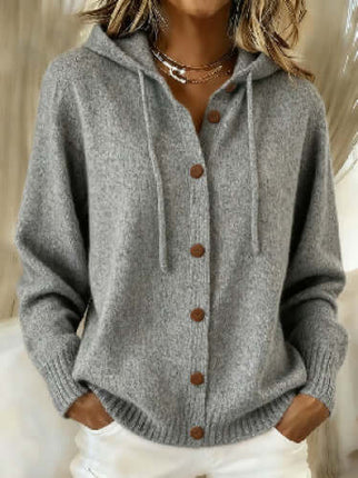 Women's American Style Relaxed Fit Hooded Cardigan in gray with buttons and hood.