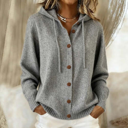 Women's American Style Relaxed Fit Hooded Cardigan in gray with buttons, perfect for a casual and cozy look.