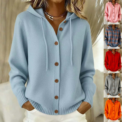 Women's American Style Relaxed Fit Hooded Cardigan in light blue with buttons, showcasing stylish design and comfortable fit.