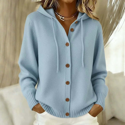 Women's American Style Relaxed Fit Hooded Cardigan in light blue with button front detail.