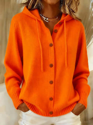 Women's American Style Relaxed Fit Hooded Cardigan in vibrant orange with buttons and a stylish hood.