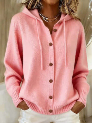 Women's American Style Relaxed Fit Hooded Cardigan in pink with buttons, featuring a cozy hood and casual style.
