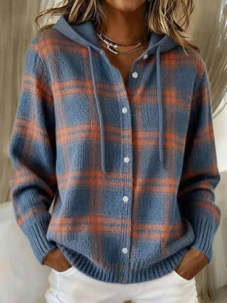 Women's American Style Relaxed Fit Hooded Cardigan in blue and orange plaid pattern, featuring buttons and a relaxed fit.
