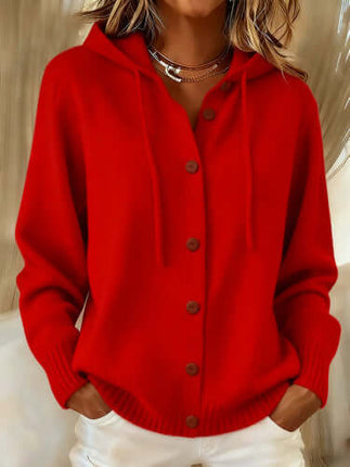 Women's American Style Relaxed Fit Hooded Cardigan in vibrant red color with buttons and a cozy hood
