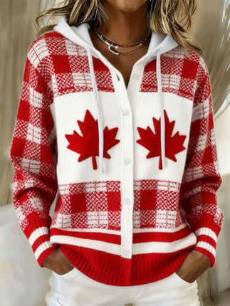 Women's American Style Relaxed Fit Hooded Cardigan with red and white plaid pattern and Canada leaf designs, perfect for cozy outdoor wear.