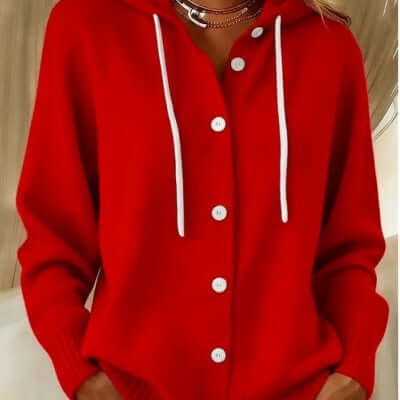 Women's American Style Relaxed Fit Hooded Cardigan in vibrant red with white drawstrings and buttons.