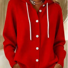Women's American Style Relaxed Fit Hooded Cardigan in vibrant red with white drawstrings and buttons.