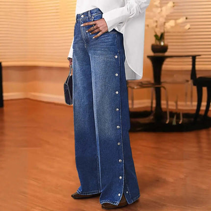 Womens Autumn Winter Niche Design Heart-Shaped Rivet Jeans showcased with a stylish outfit in a cozy indoor setting.