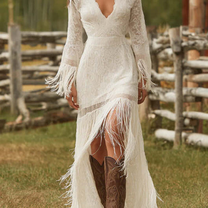 Womens Boho Lace Maxi Dress With Tassels worn outdoors with fringes and cowboy boots