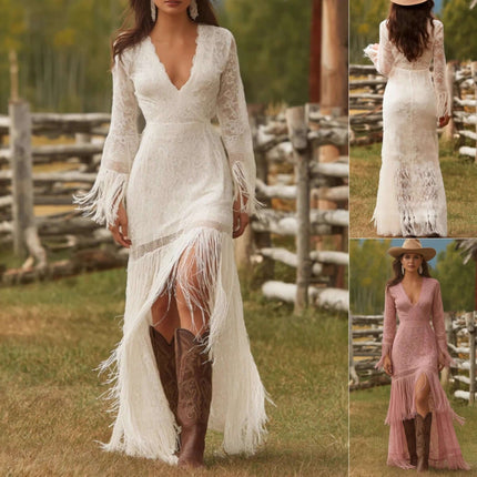 Womens Boho Lace Maxi Dress With Tassels worn outdoors, featuring fringe detailing and paired with stylish cowboy boots.
