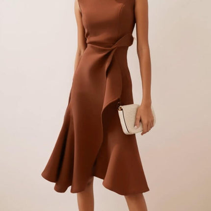 Womens Bow Knot Sleeveless Summer Maxi Dress in brown with elegant design and stylish flared hem