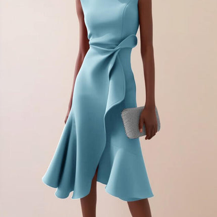 Womens Bow Knot Sleeveless Summer Maxi Dress in light blue worn by model.