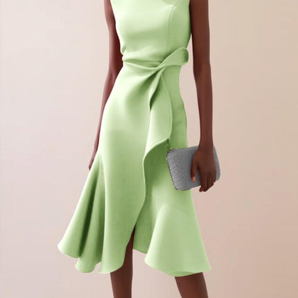 Womens Bow Knot Sleeveless Summer Maxi Dress in light green with ruffle hem, featuring a stylish bow detail.