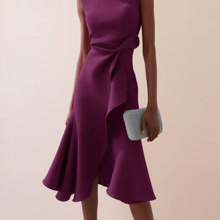 Womens Bow Knot Sleeveless Summer Maxi Dress in purple with elegant design and stylish clutch.