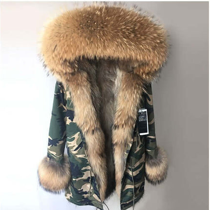 Womens Cashmere Coat With Detachable Liner featuring a camo pattern and faux fur hood.